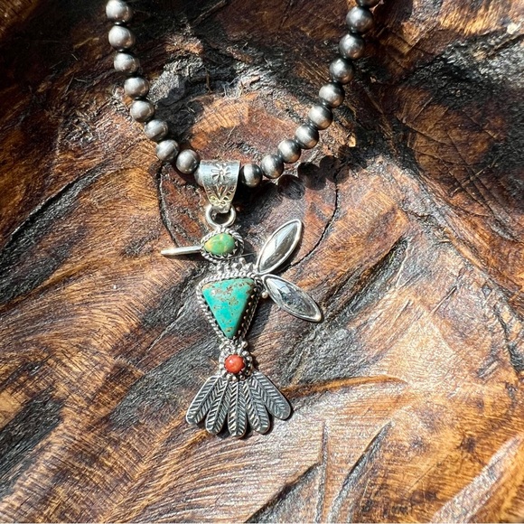 Hummingbird Turquoise & Spiny Oyster Pendant – Sterling Silver - Picture 2 of 13